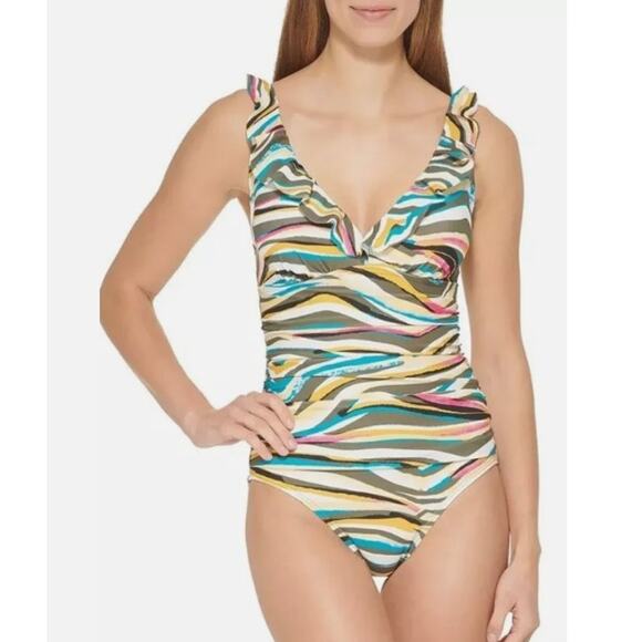 DKNY Ruffle One-piece Swimsuit Size 10 Black White Zebra Tummy Control NWT - Picture 2 of 12